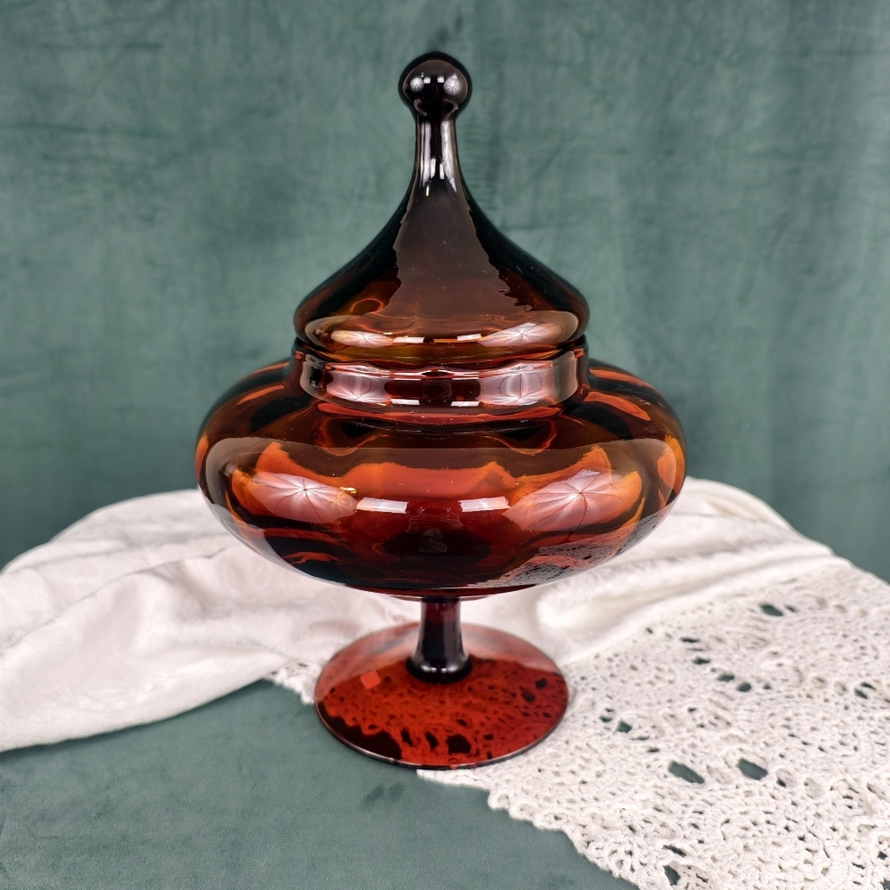 Vintage Mid-Century Amber Glass Large Compote Candy Dish with Lid